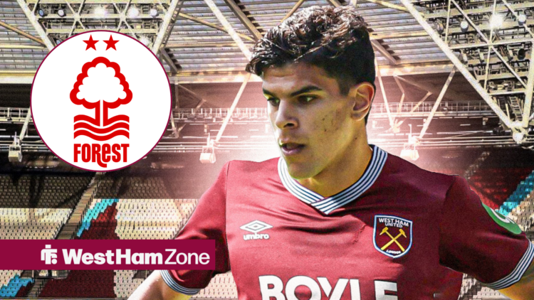 Mateus Fernandes in a West Ham shirt next to a Nottingham Forest badge