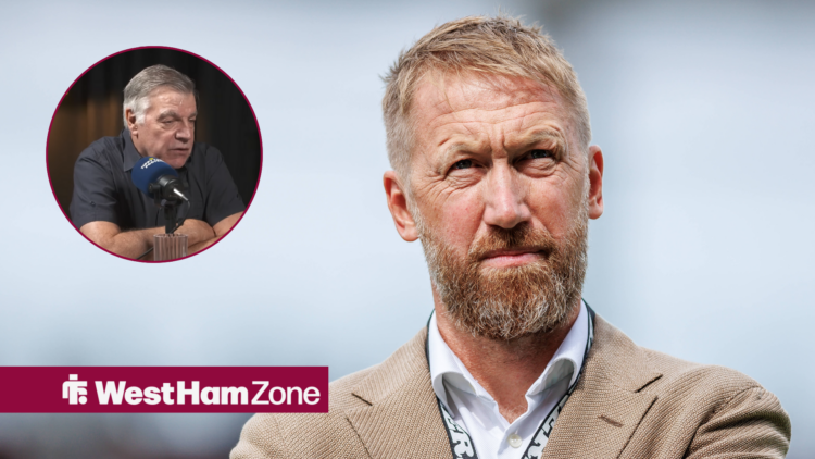Graham Potter looking up with Sam Allardyce in circular frame