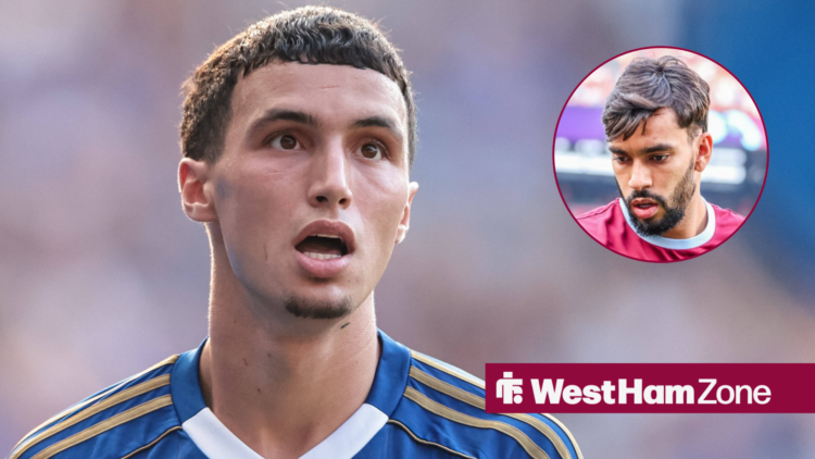 Lucas Paqueta looking frustrated towards a picture of Bilal El Khannouss at Leicester City