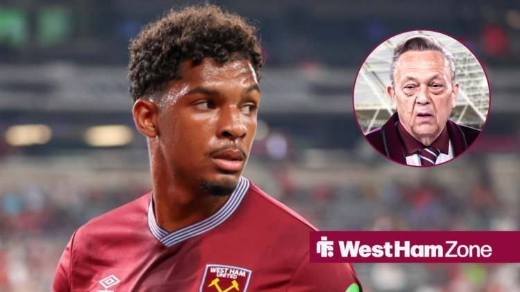 Luis Guilherme looking towards a picture of West Ham owner David Sullivan in a circle frame