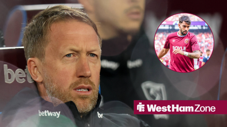Graham Potter looking on from the London Stadium touchline with Lucas Paqueta included in a circular inset.