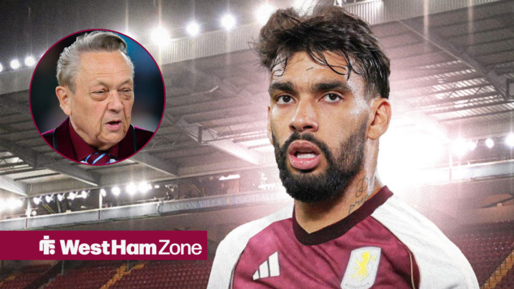 Lucas Paqueta in an Aston Villa shirt looking towards David Sullivan in a circle inset