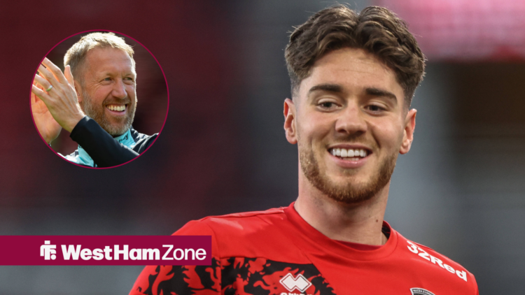 Hayden Hackney smiling towards an image of a happy Graham Potter clapping