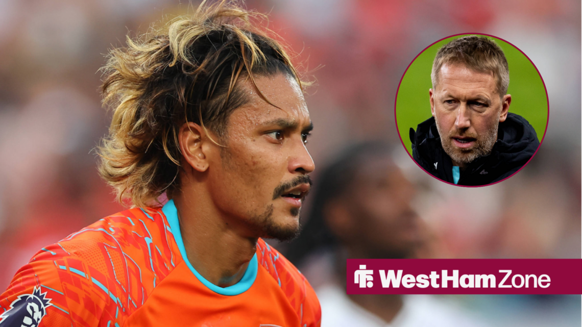 Alphonse Areola looking towards a frustrated Graham Potter in a circle inset