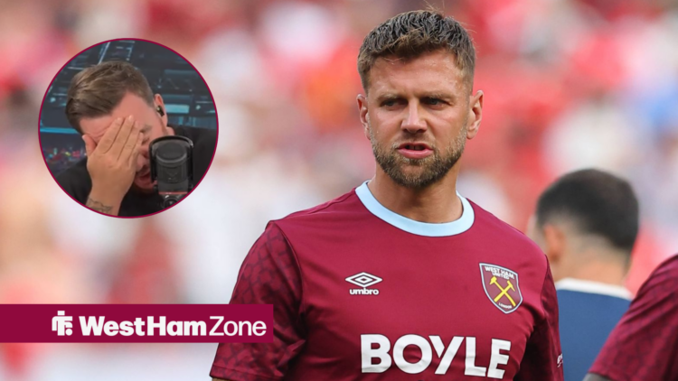 Jamie O'Hara holds his face at West Ham striker Niclas Fullkrug