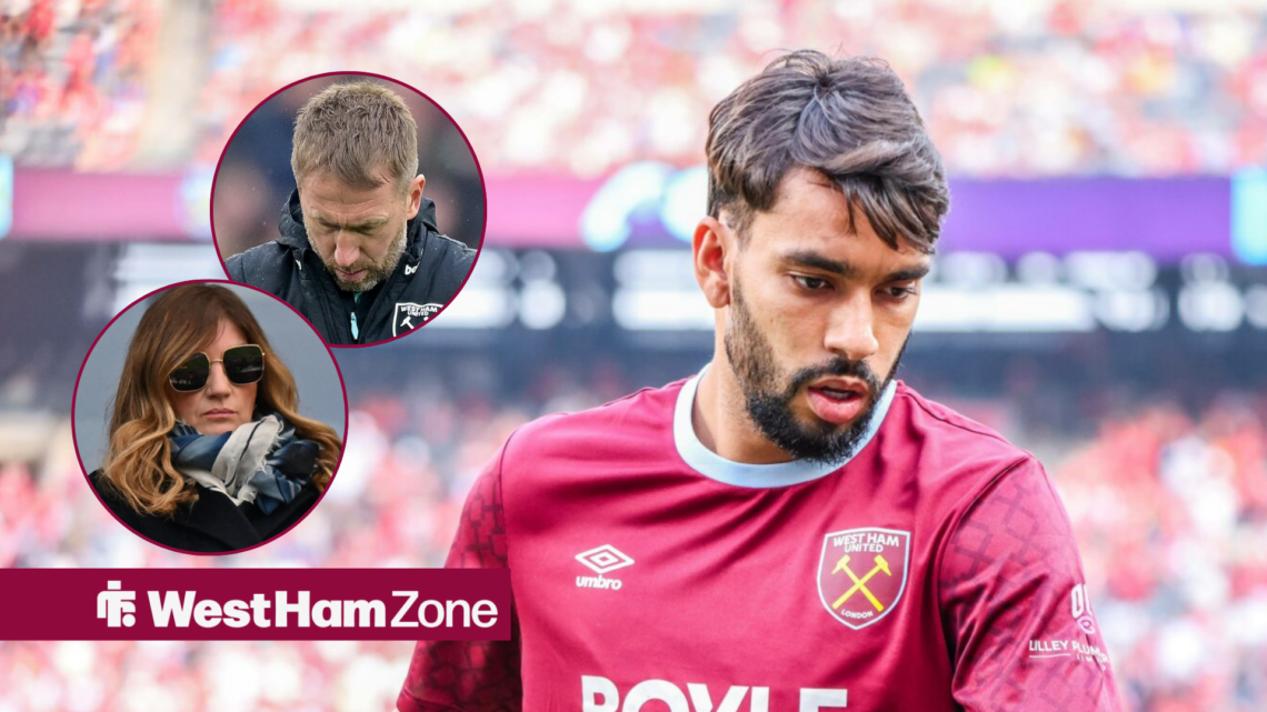 Lucas Paqueta with Karren Brady and Graham Potter as insets