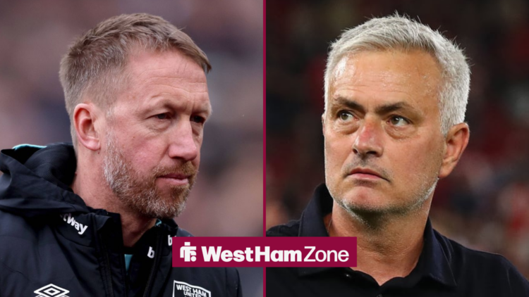 Graham Potter in a West Ham coat looking annoyed. Jose Mourinho looks to his left.