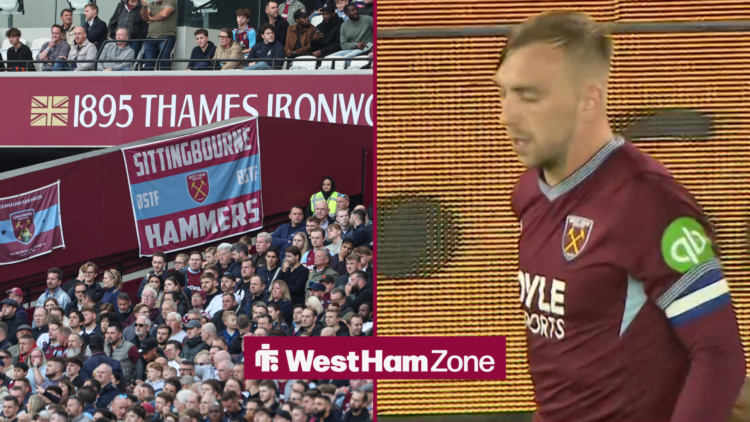 West Ham fans next to an angry Jarrod Bowen at Wolves