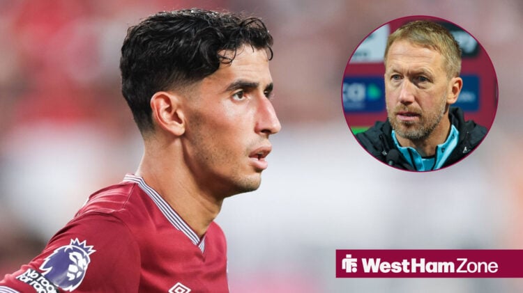 West Ham defender Nayef Aguerd and manager Graham Potterin a circular inset.