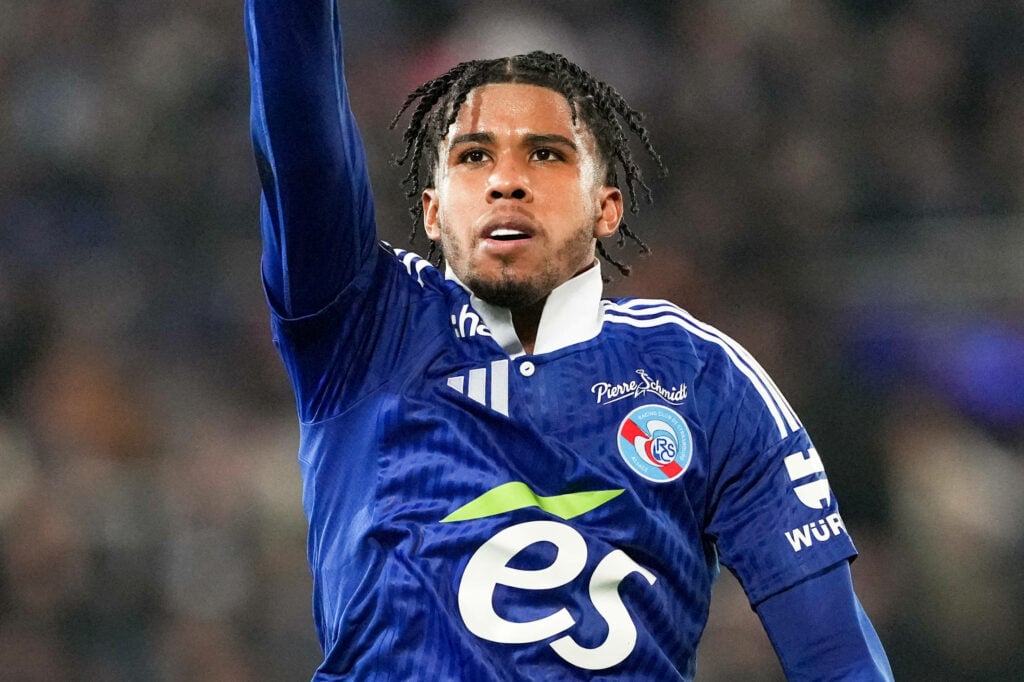 Chelsea midfielder Andrey Santos celebrating scoring for Strasbourg
