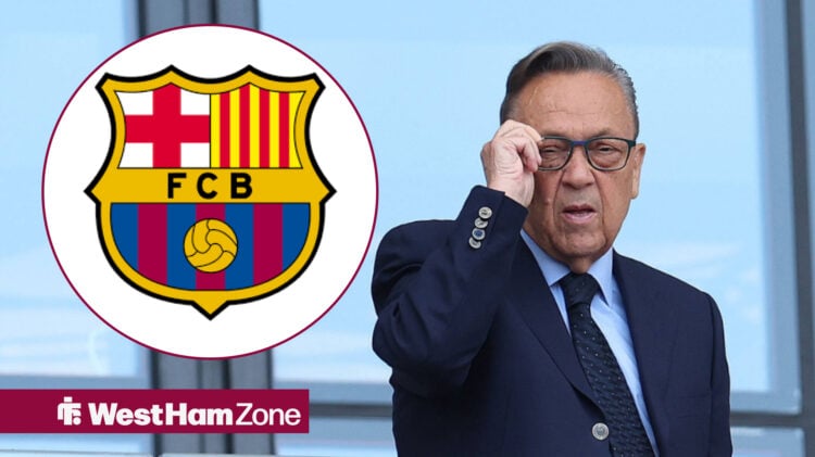 West Ham owner David Sullivan peering over edge with Barcelona insert.