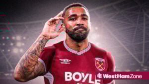 Callum Wilson playing for West Ham with London Stadium background