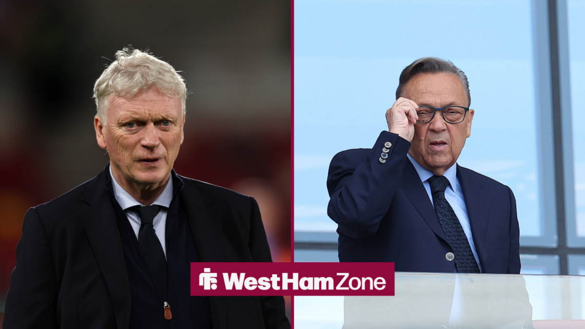 An image of David Moyes managing Everton, next to an image of David Sullivan watching a West Ham United game.