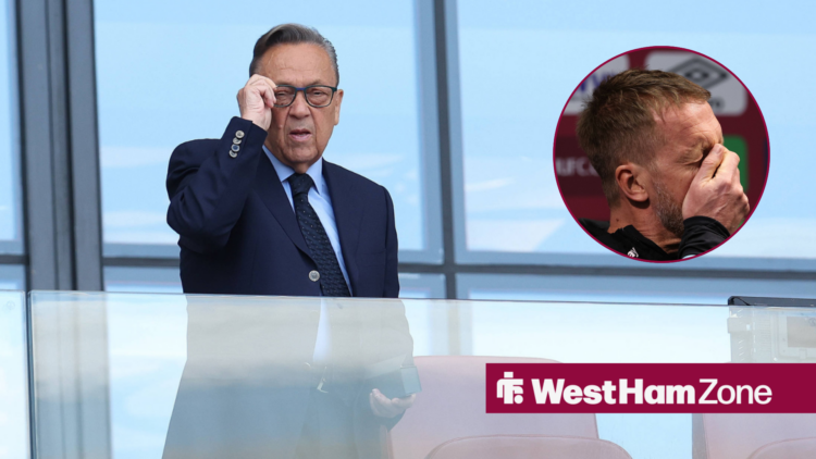 West Ham owner David Sullivan clutches his glasses while staring from a balcony towards Graham Potter, who places his hand over his face.