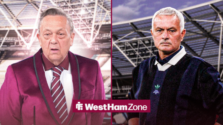 A split image with West Ham owner David Sullivan on the left, as Jose Mourinho looks stern on the right.