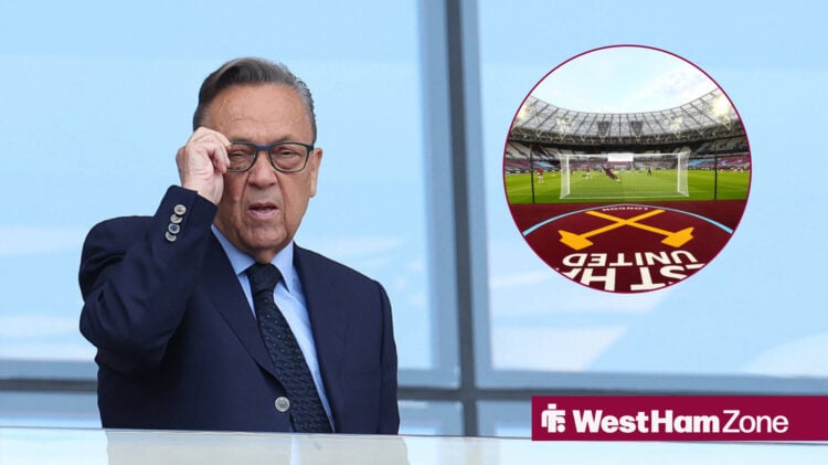 David Sullivan touches his glasses, with the London Stadium in a circular frame
