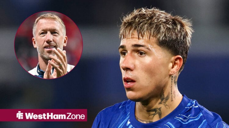 Enzo Fernandez in action for Chelsea with Graham Potter inset.