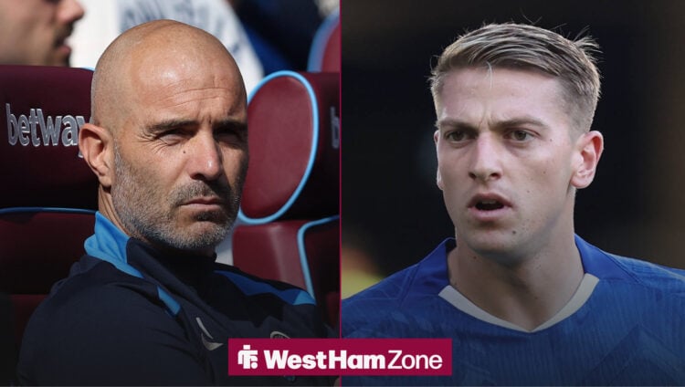 Chelsea manager Enzo Maresca confused in West Ham dugout and Liam Delap looking angry.