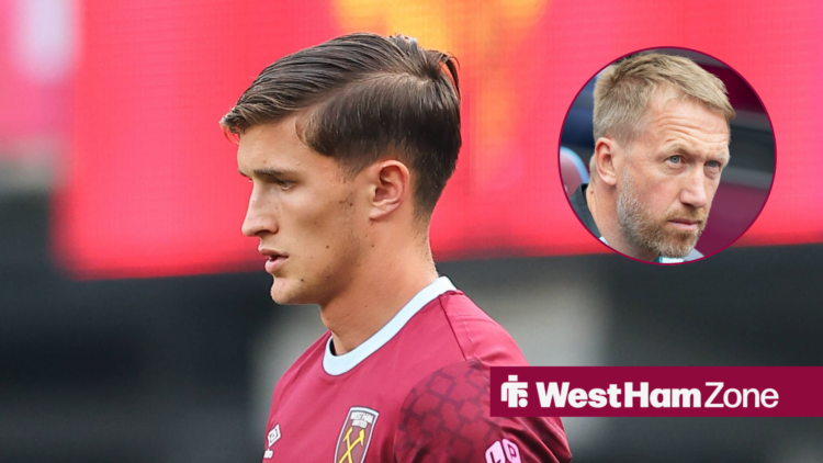 Freddie Potts looks focused in West Ham home shirt with Graham Potter in circular inset