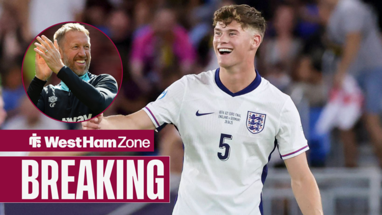 Breaking News as England U21 defender Charlie Cresswell smiles towards West Ham manager Graham Potter who applauds from a circular inset.