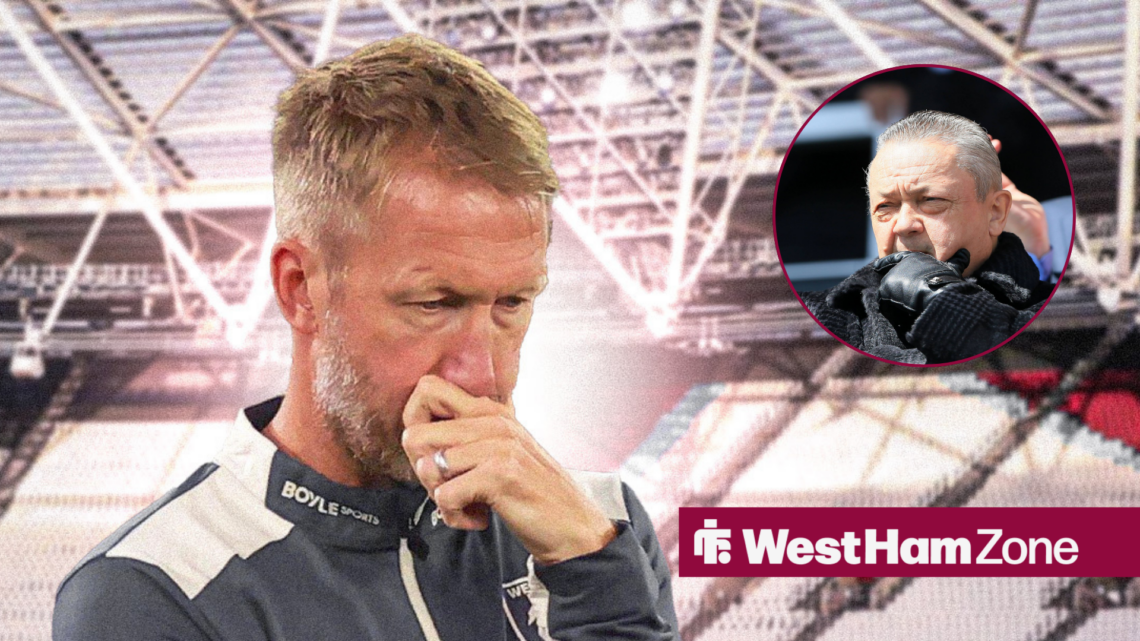 An image of Grahm Potter thinking, next to a circular inset of David Sullivan watching a West Ham United game.