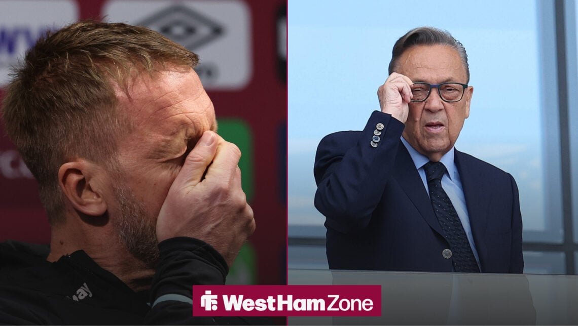 Graham Potter upset next to an inset of David Sullivan watching on