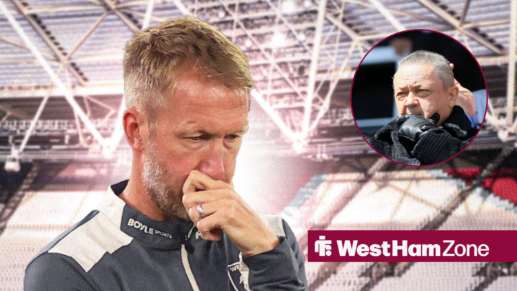 An image of Grahm Potter thinking, next to a circular inset of David Sullivan watching a West Ham United game.