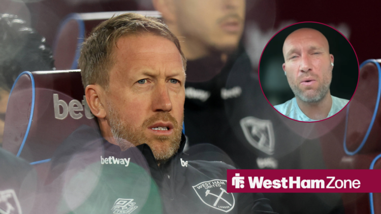 West Ham boss Graham Potter looking anxious, Dean Ashton in inlet.