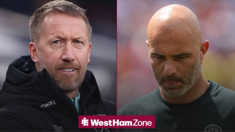 Graham Potter looks on, Enzo Maresca looks dejected