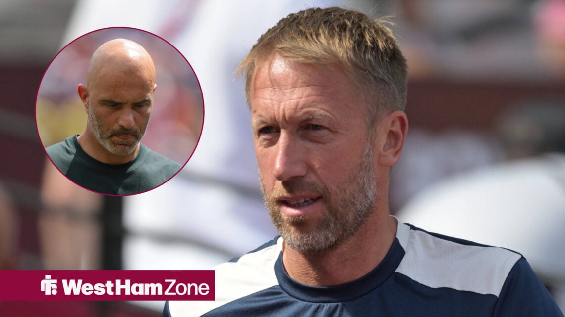 West Ham boss Graham Potter looking confused and Enzo Maresca looking down.