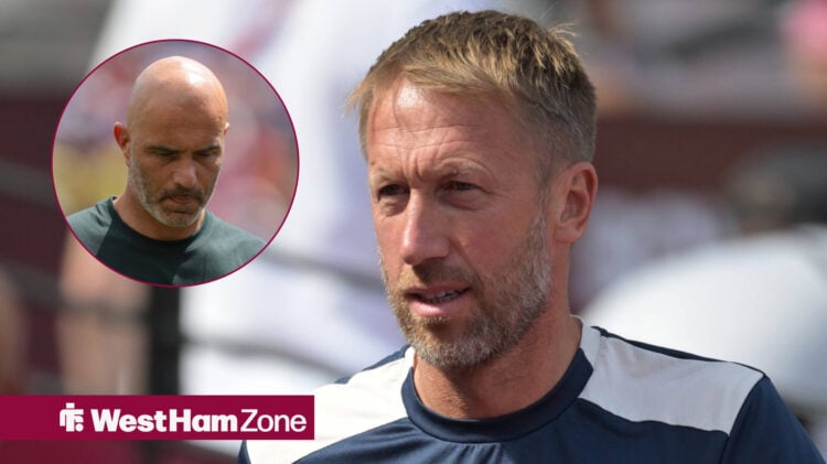 West Ham boss Graham Potter looking confused and Enzo Maresca looking down.