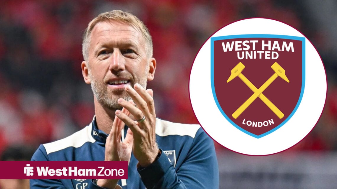 Graham Potter clapping alongside an inset of the West Ham badge