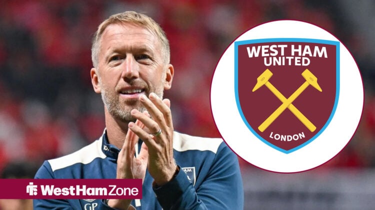 Graham Potter clapping alongside an inset of the West Ham badge