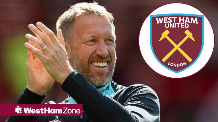 Graham Potter applauds in the direction of the West Ham badge, which features in a circular inset.