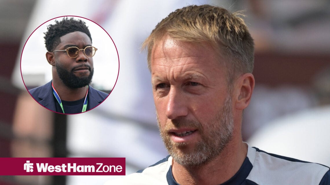 West Ham boss Graham Potter looking confused as Micah Richards watches on.