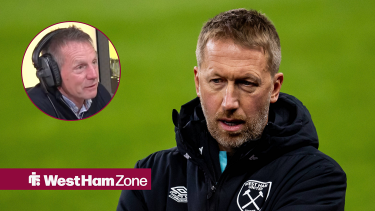 West Ham manager Graham Potter stares at the floor as Stuart Pearce watches on.