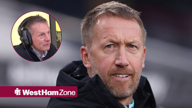 West Ham manager glances nervously at Stuart Pearce, who speaks into a microphone in a circular inset.