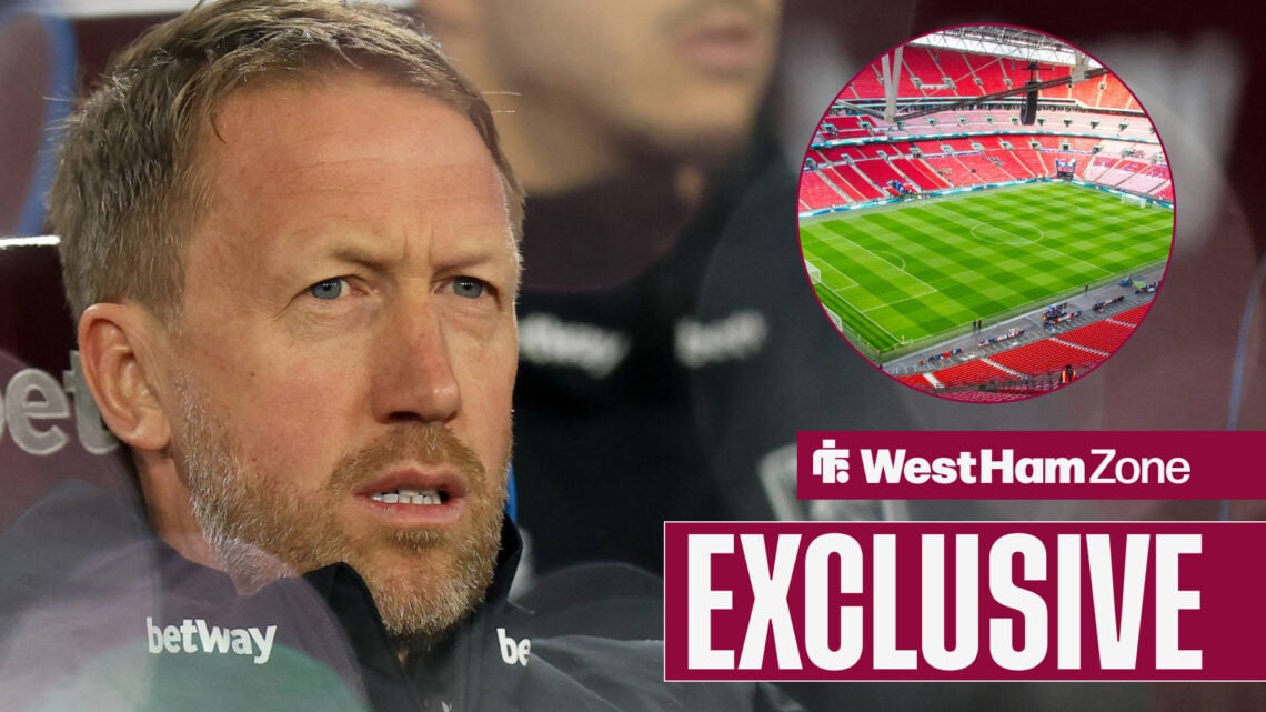 Graham Potter not happy sat in West Ham dugout with Wembley in inset