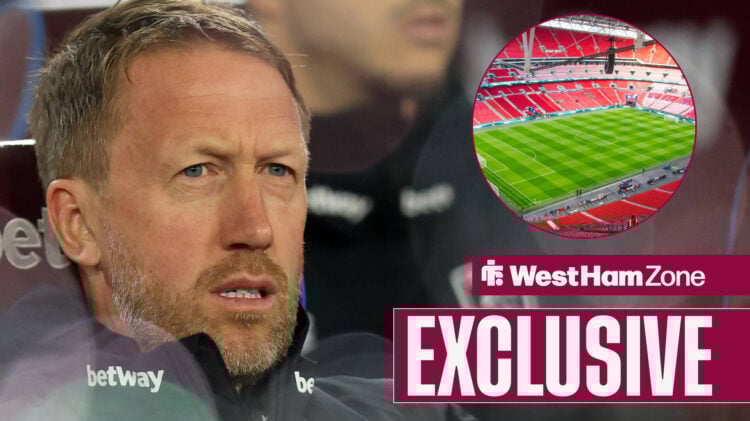 Graham Potter not happy sat in West Ham dugout with Wembley in inset