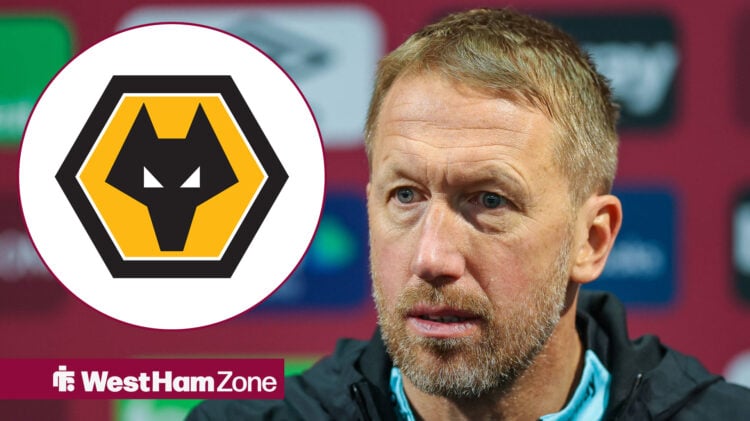 An image of graham potter in a West Ham United press conference, with a circular inset of a Wolverhampton Wanderers badge included.