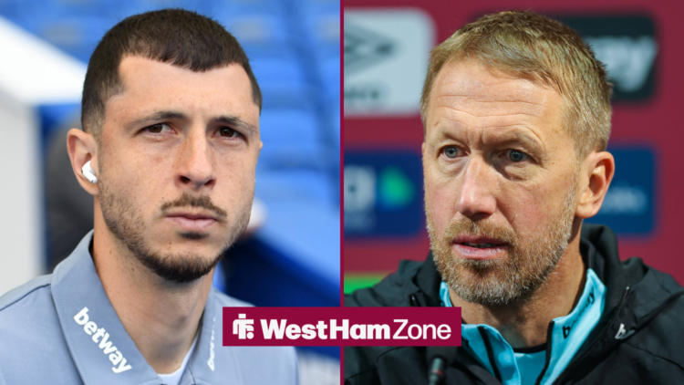 A split image featuring West Ham manager Graham Potter staring at Guido Rodriguez with a surprised expression on his face.