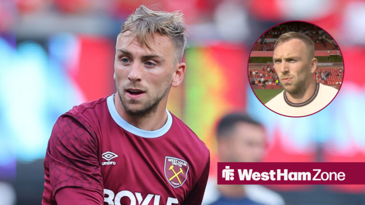 Jarrod Bowen in West Ham home shirt and in circular inset after win vs Nottingham Forest