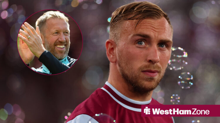 West Ham star Jarrod Bowen glances over as manager Graham Potter applauds.