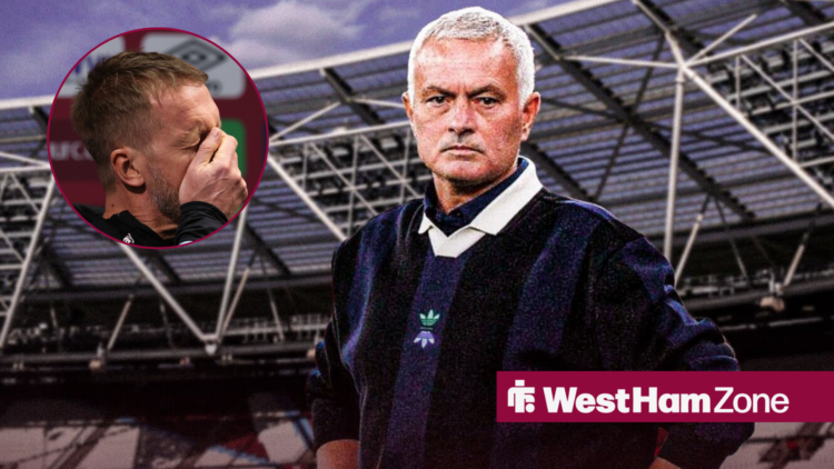 Jose Mourinho stands with his hands on his hips, as West Ham manager Graham Potter has his head in his hands.