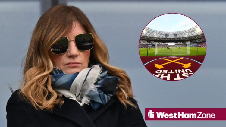 Karren Brady arms folded with London Stadium in circle