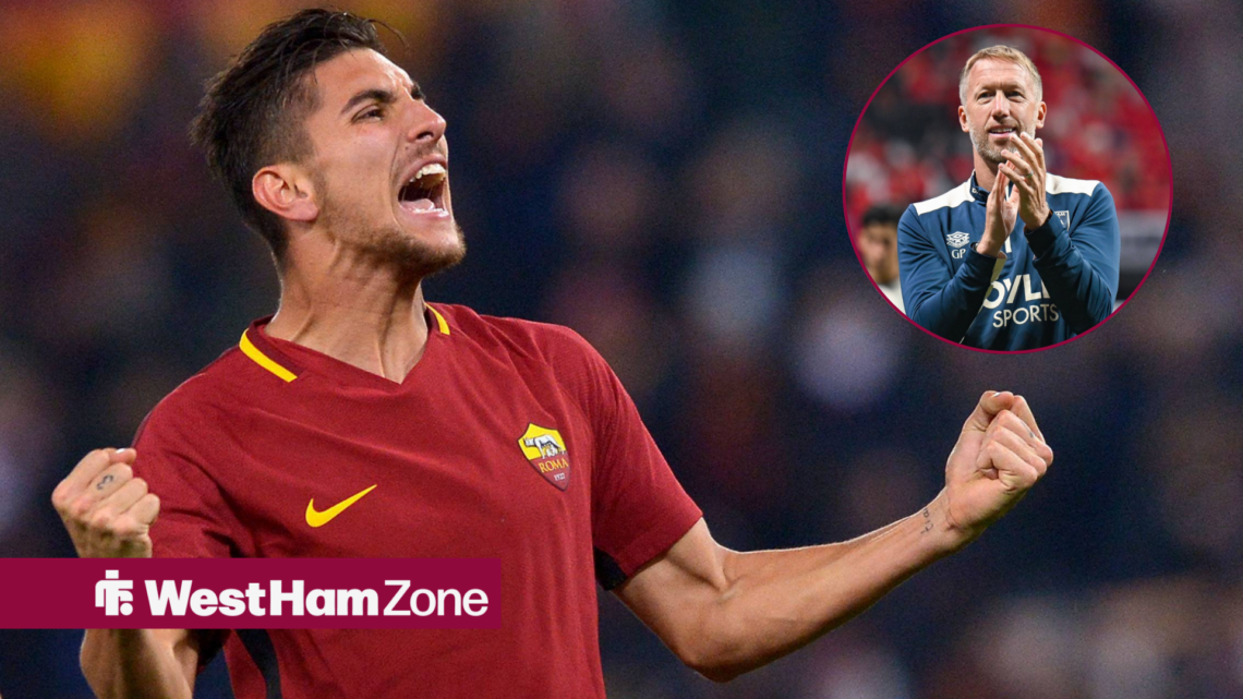 Roma midfielder Lorenzo Pellegrini celebrates while West Ham manager Graham Potter applauds in a circular inset.