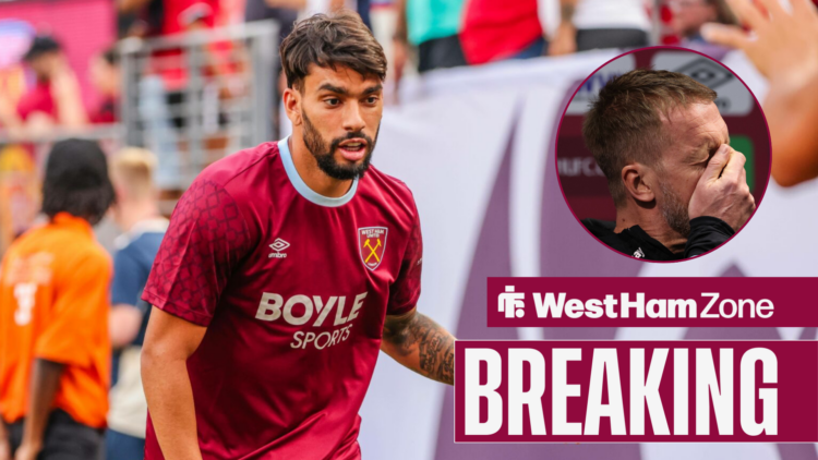 Breaking News as West Ham manager Graham Potter has his head in his hands while Lucas Paqueta is in action.