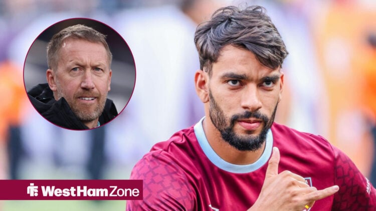 West Ham midfielder Lucas Paqueta and manager Graham Potter in a circular inset.