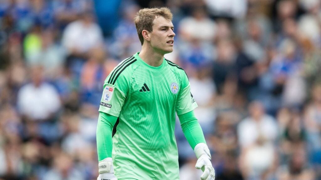 Mads Hermansen playing for Leicester City, now at West Ham