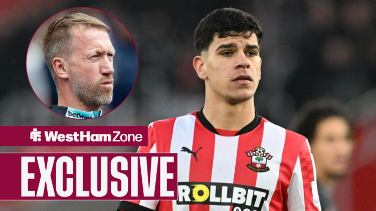 Mateus Fernandes in action as West Ham boss Graham Potter watches on.